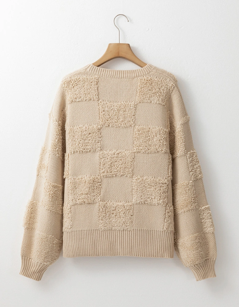 Parchment Checkered Sherpa Crew Neck Loose Sweater