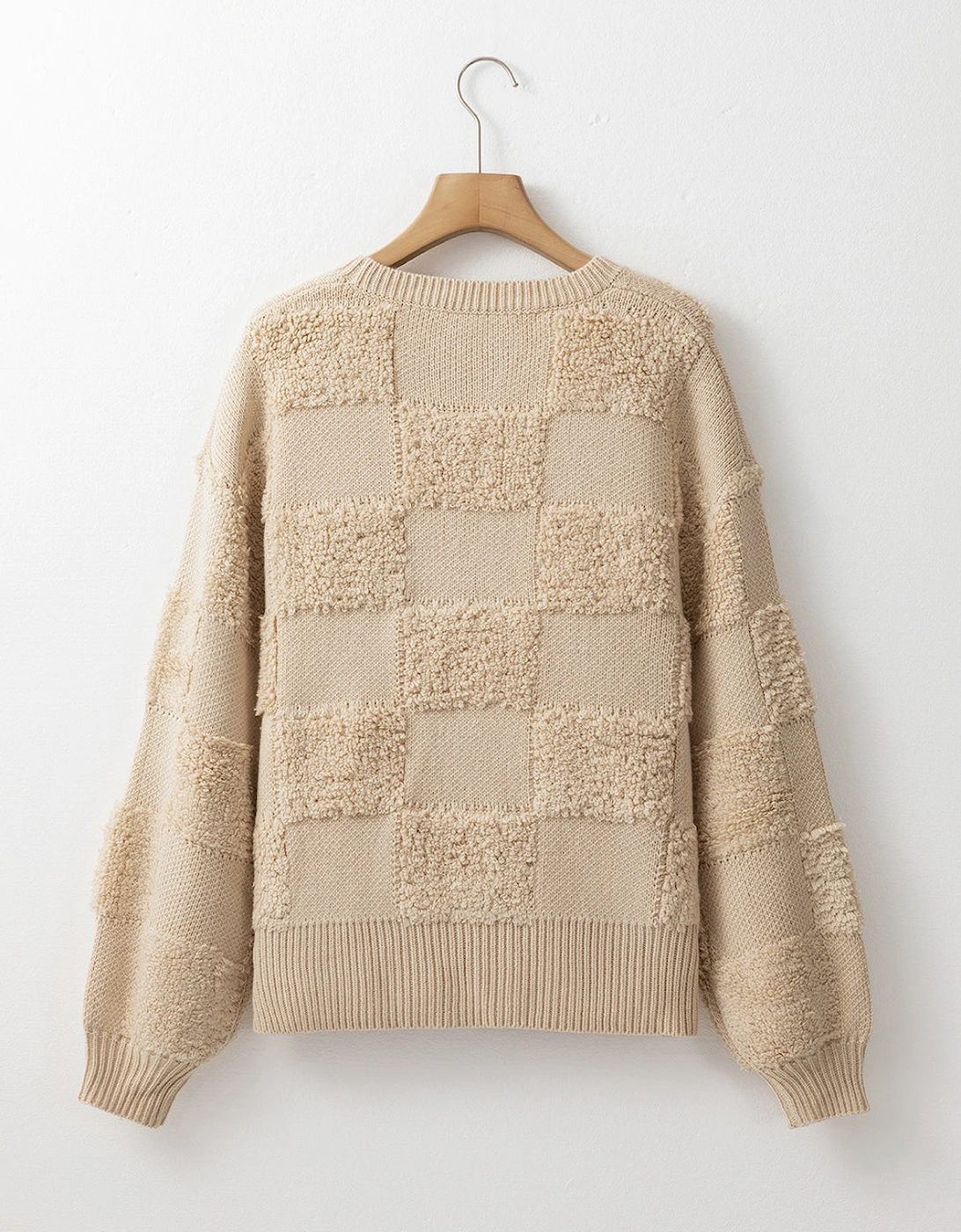 Parchment Checkered Sherpa Crew Neck Loose Sweater