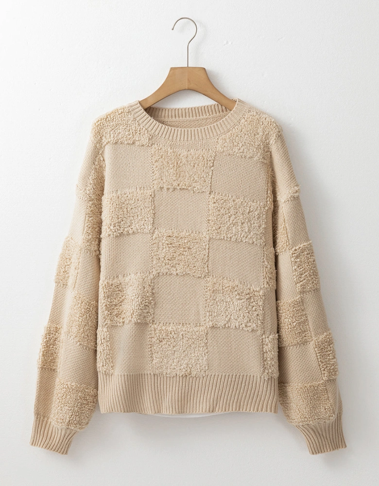 Parchment Checkered Sherpa Crew Neck Loose Sweater