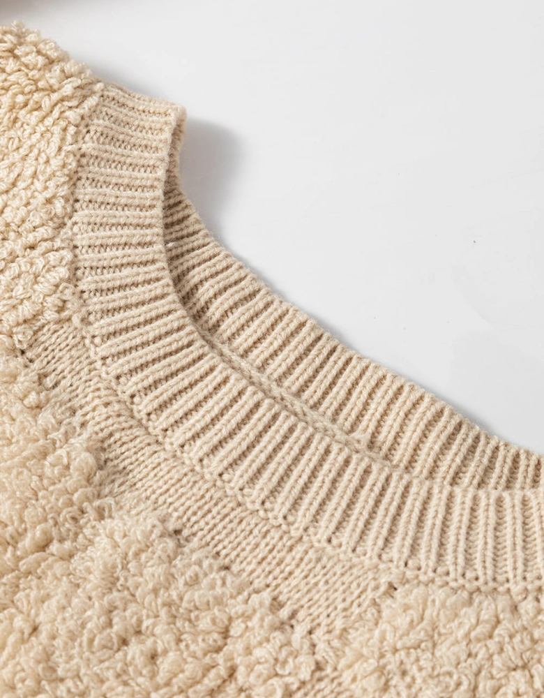 Parchment Checkered Sherpa Crew Neck Loose Sweater