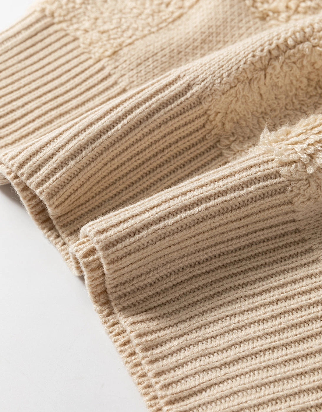 Parchment Checkered Sherpa Crew Neck Loose Sweater