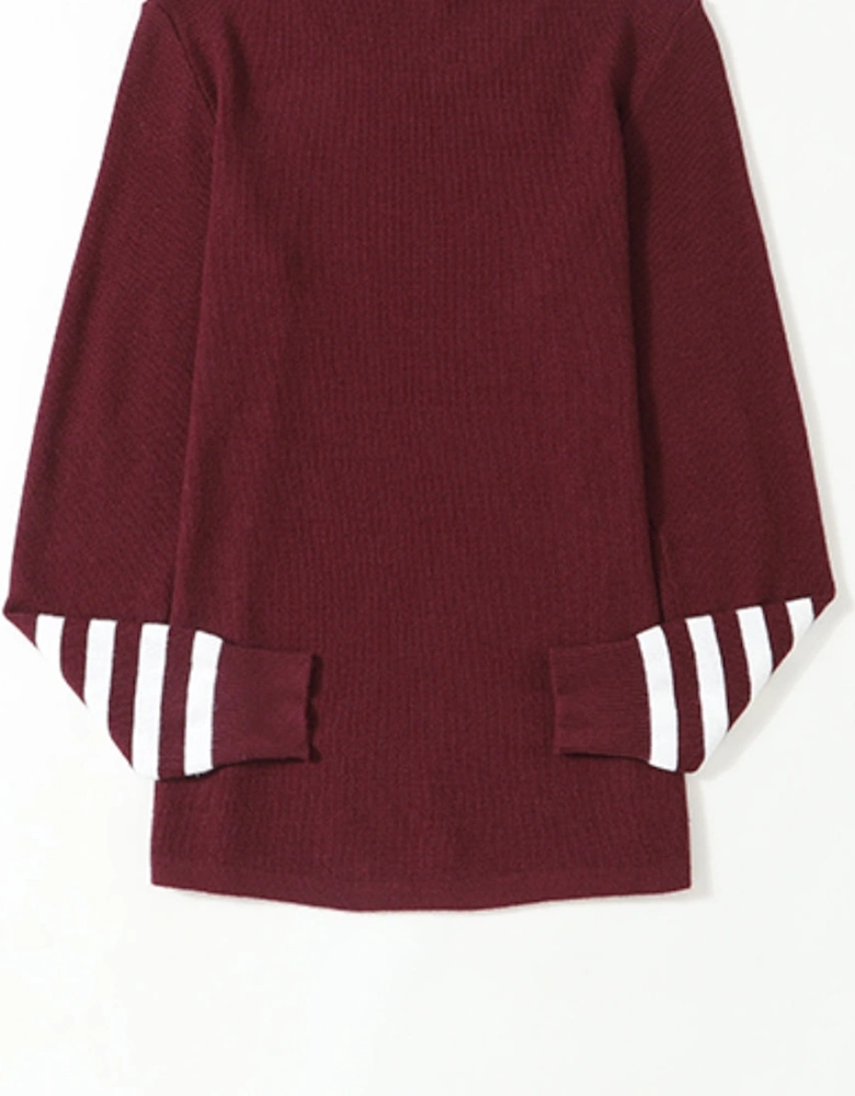 Red Striped Sleeve Plain Knit Sweater