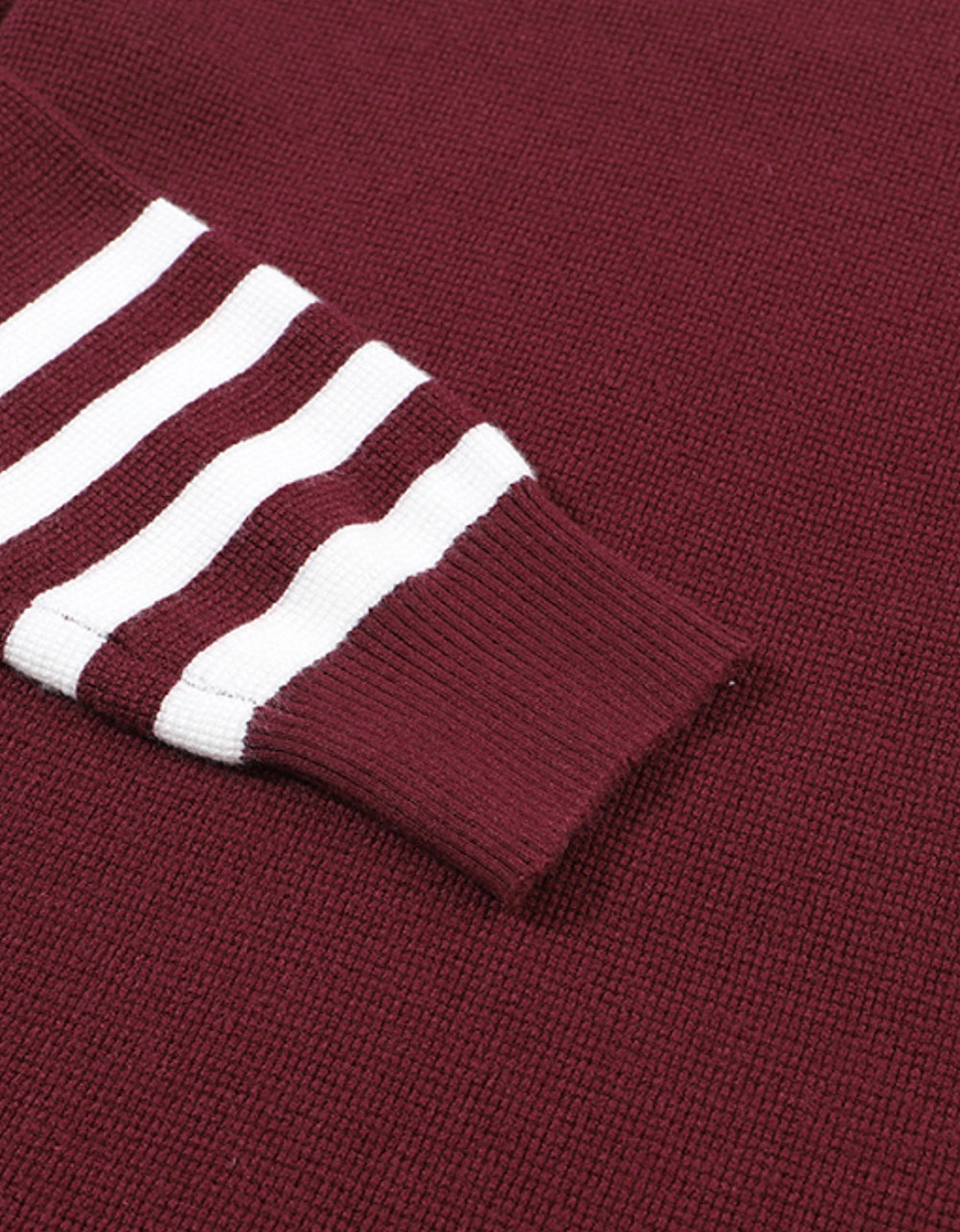 Red Striped Sleeve Plain Knit Sweater