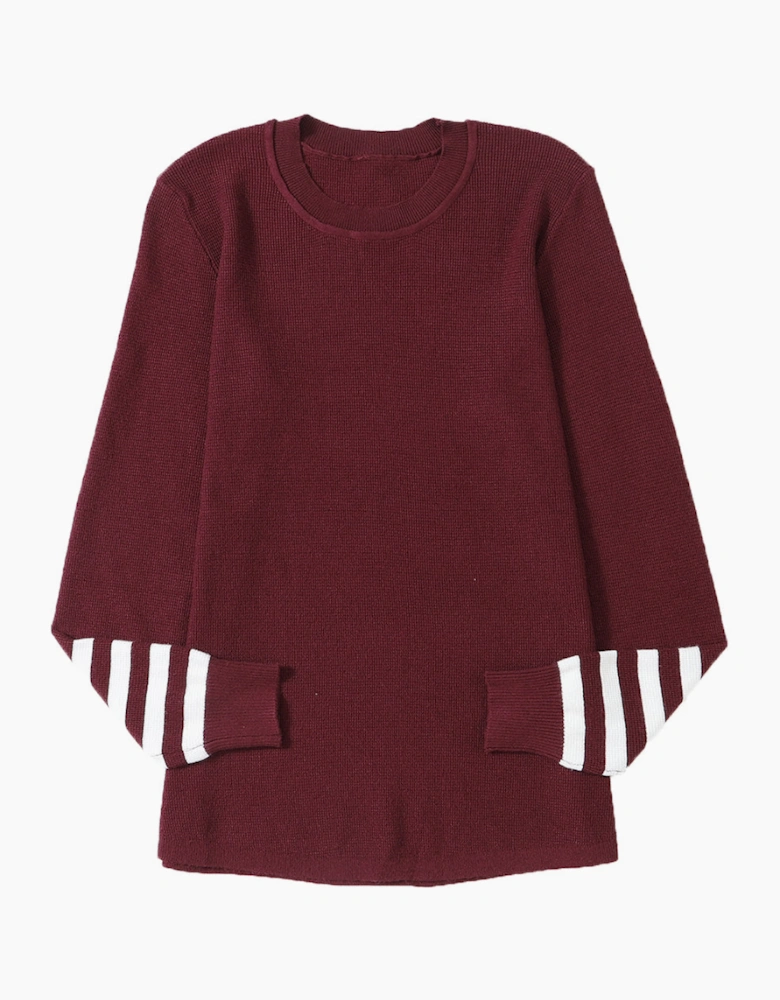 Red Striped Sleeve Plain Knit Sweater