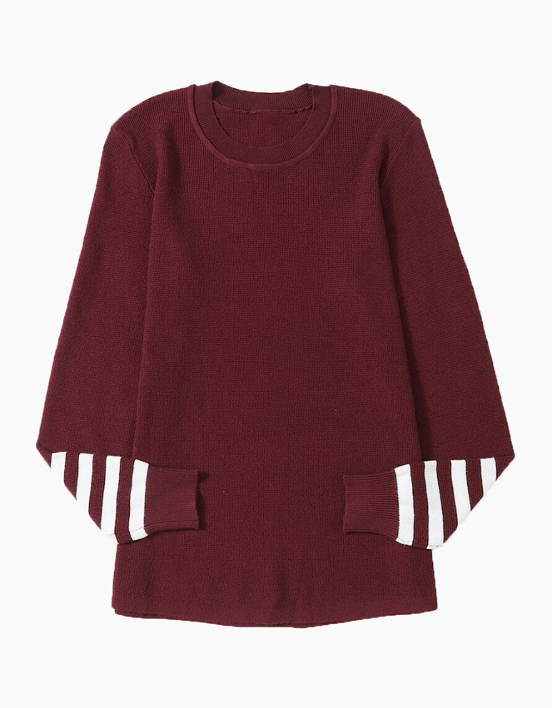 Red Striped Sleeve Plain Knit Sweater