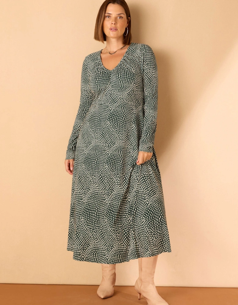 Green Spot Print Gathered V Neck Jersey Dress