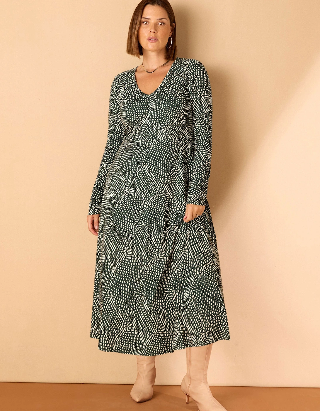 Green Spot Print Gathered V Neck Jersey Dress