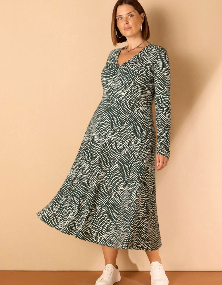 Green Spot Print Gathered V Neck Jersey Dress