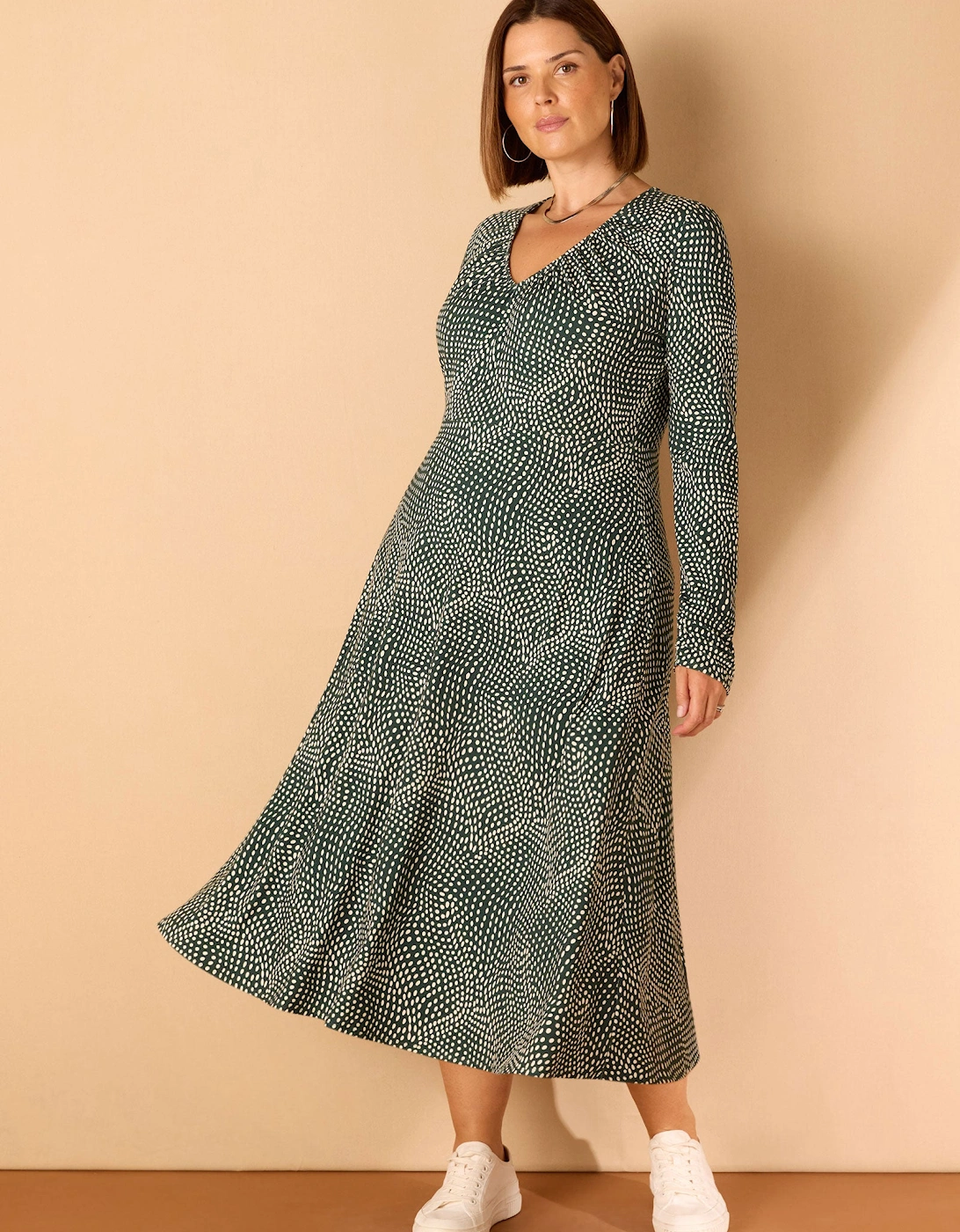 Green Spot Print Gathered V Neck Jersey Dress