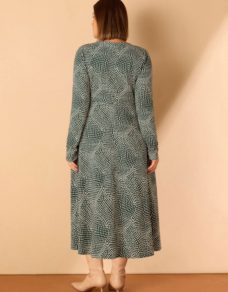 Green Spot Print Gathered V Neck Jersey Dress