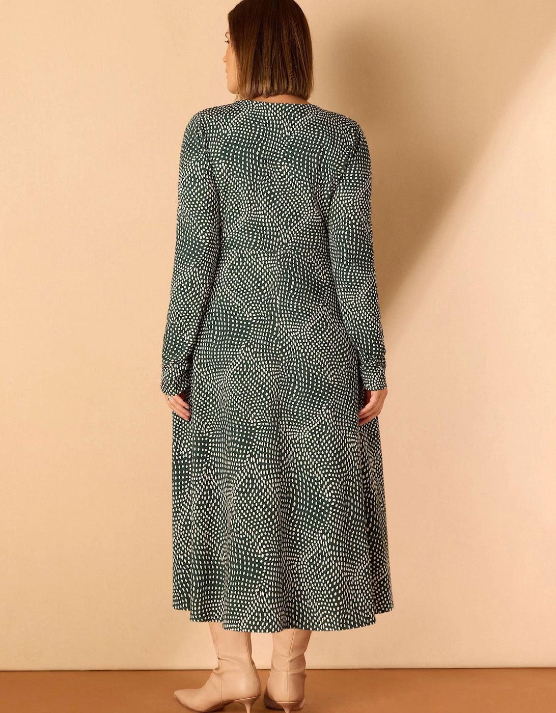 Green Spot Print Gathered V Neck Jersey Dress
