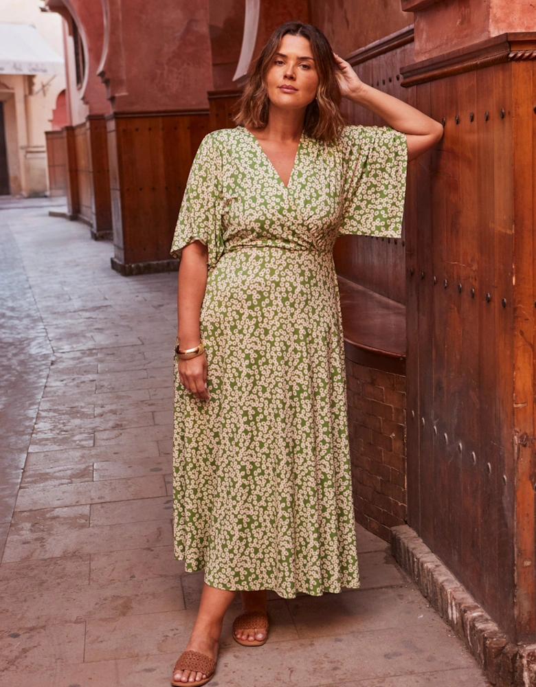 Green Ditsy Jersey Angel Sleeve Wrap Dress