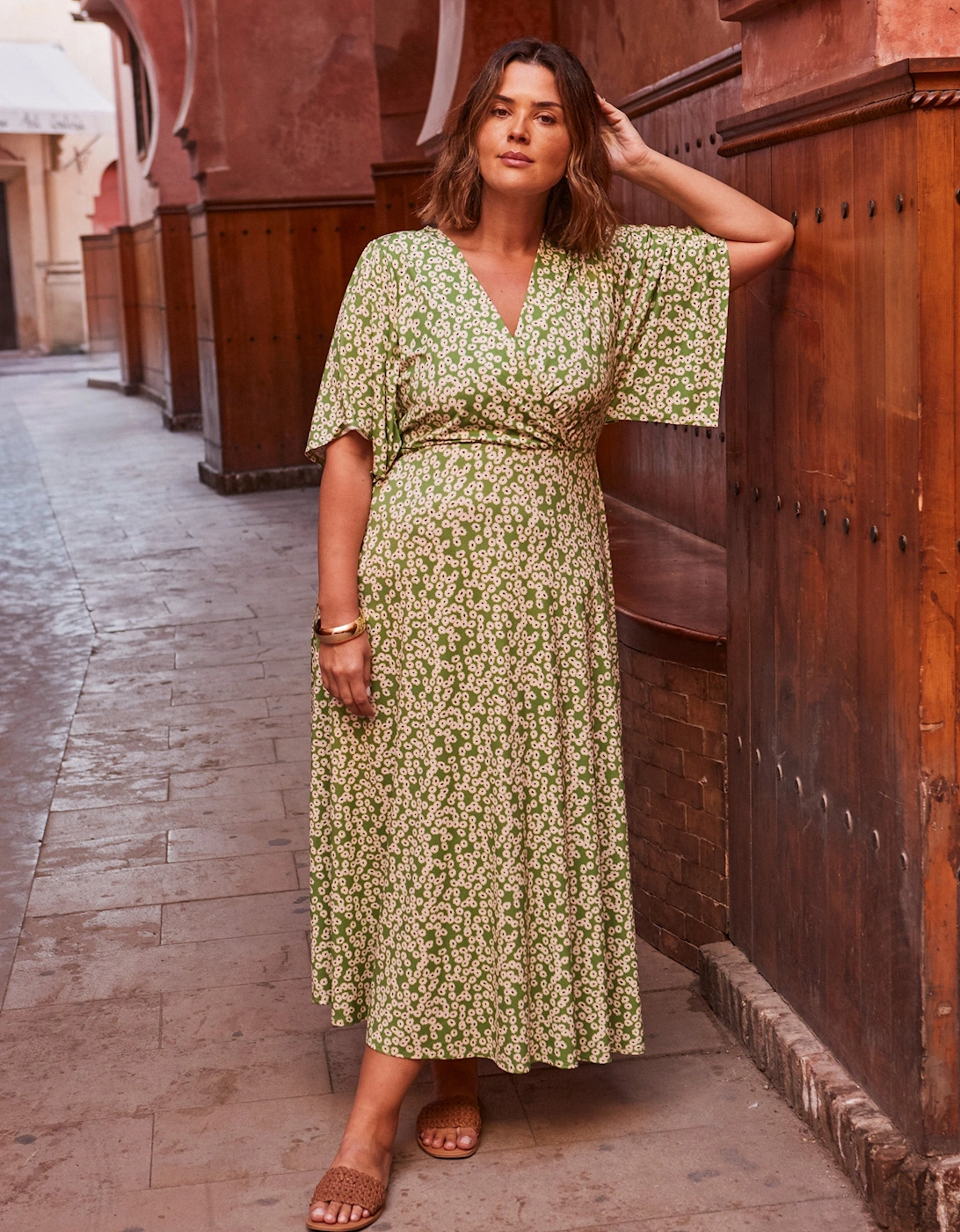Green Ditsy Jersey Angel Sleeve Wrap Dress