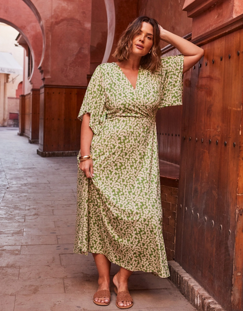 Green Ditsy Jersey Angel Sleeve Wrap Dress