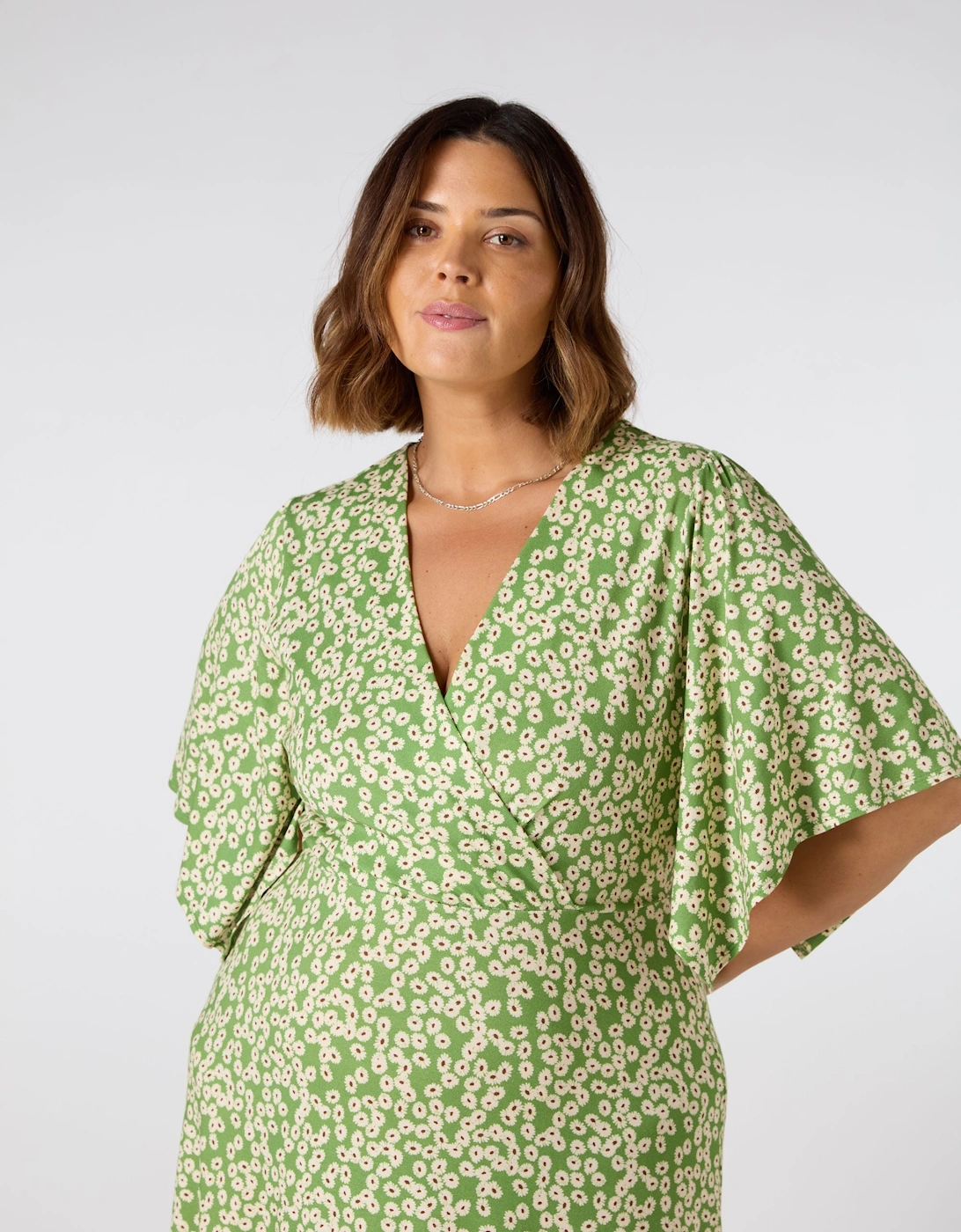 Green Ditsy Jersey Angel Sleeve Wrap Dress