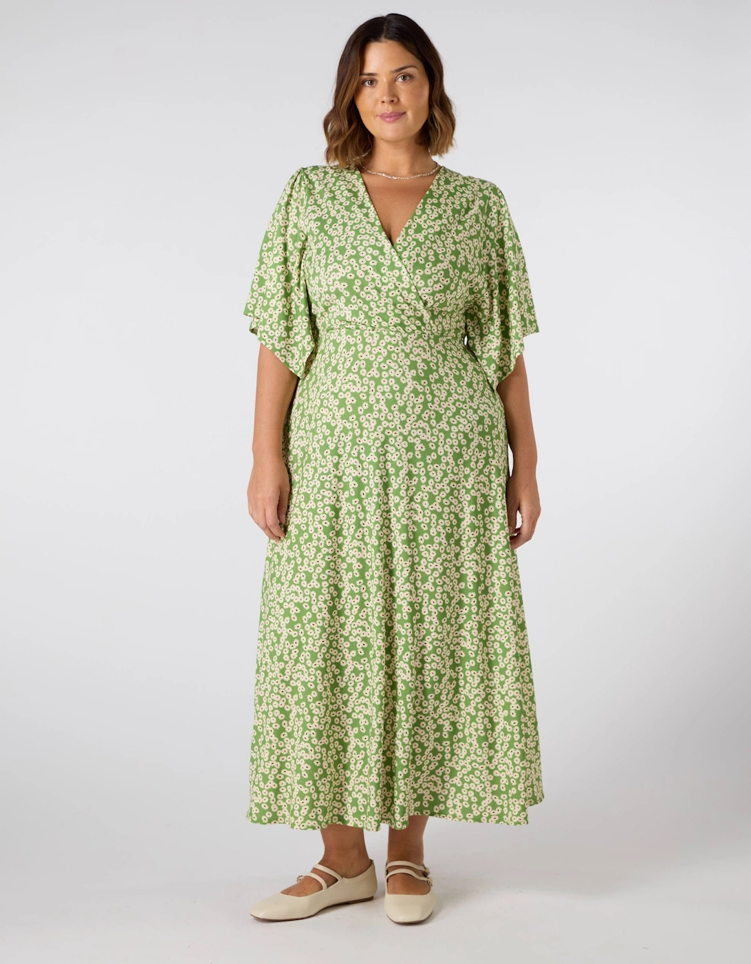 Green Ditsy Jersey Angel Sleeve Wrap Dress