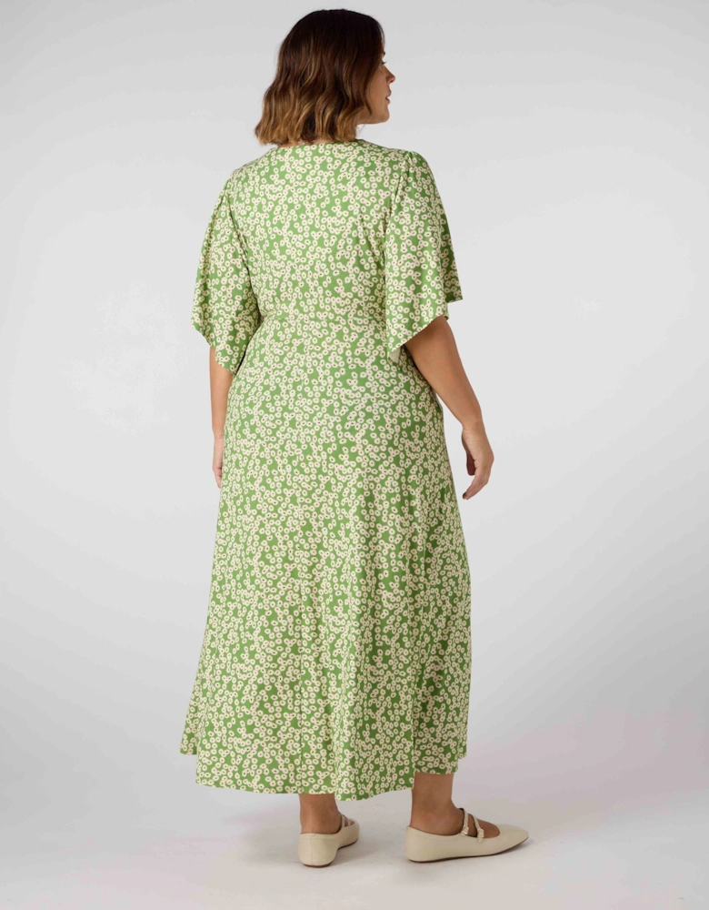 Green Ditsy Jersey Angel Sleeve Wrap Dress