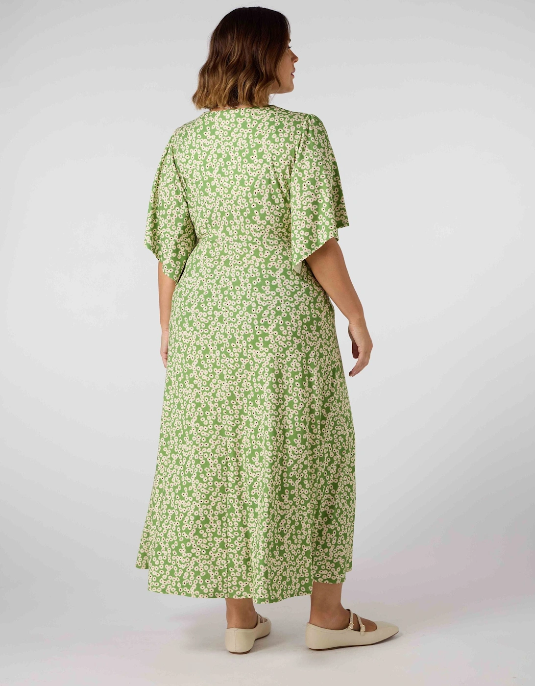 Green Ditsy Jersey Angel Sleeve Wrap Dress