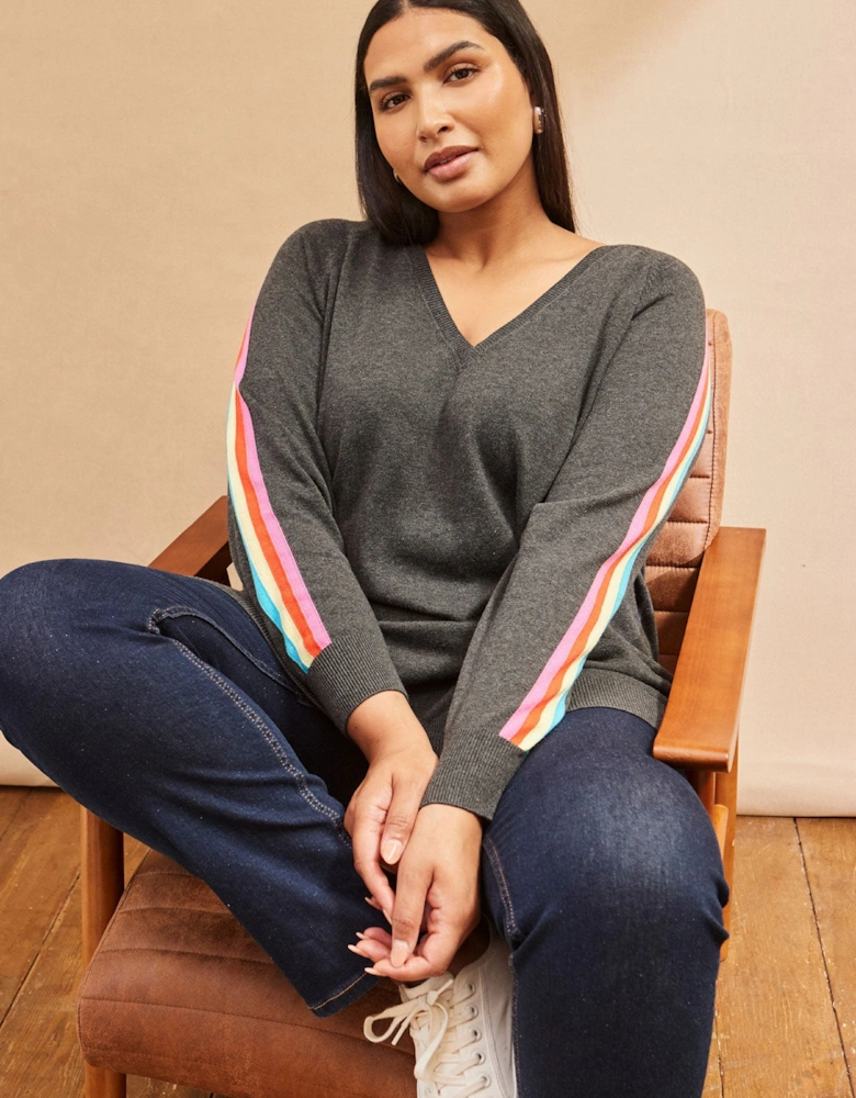 Grey Knit V-Neck Contrast Stripe Jumper