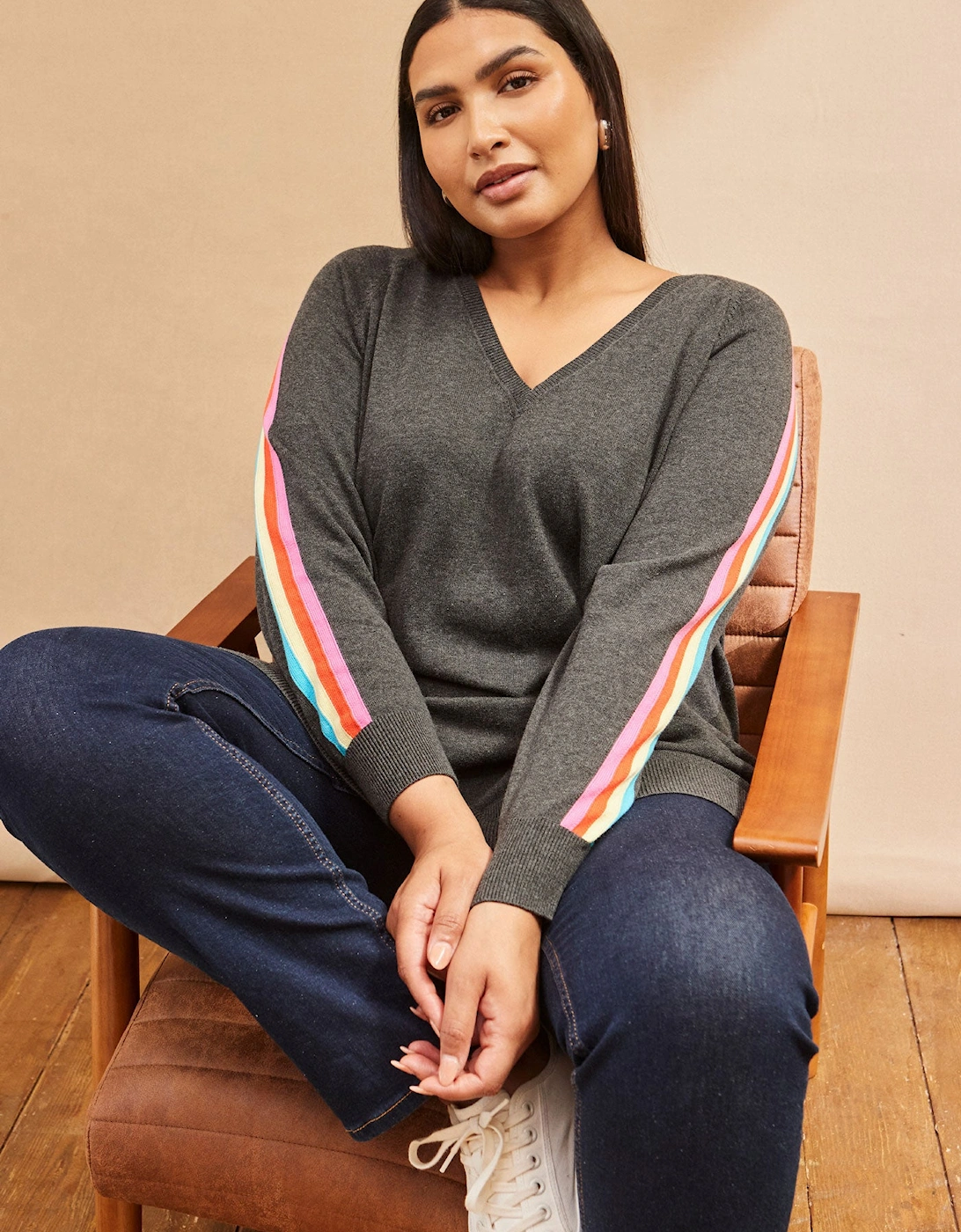 Grey Knit V-Neck Contrast Stripe Jumper, 5 of 4