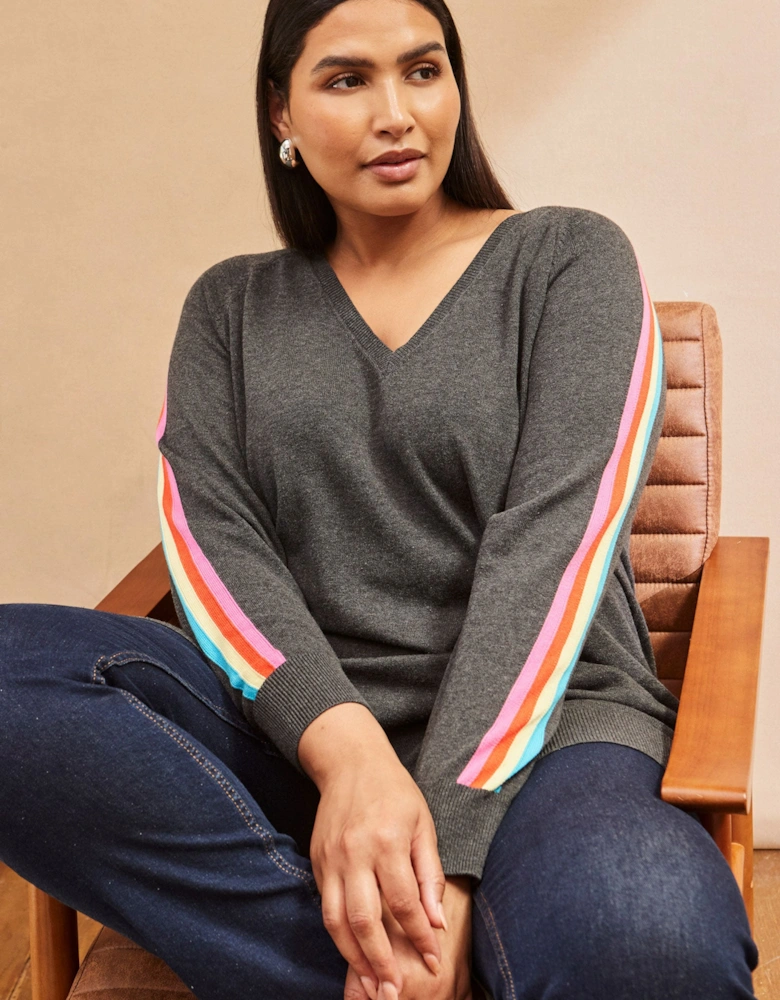 Grey Knit V-Neck Contrast Stripe Jumper