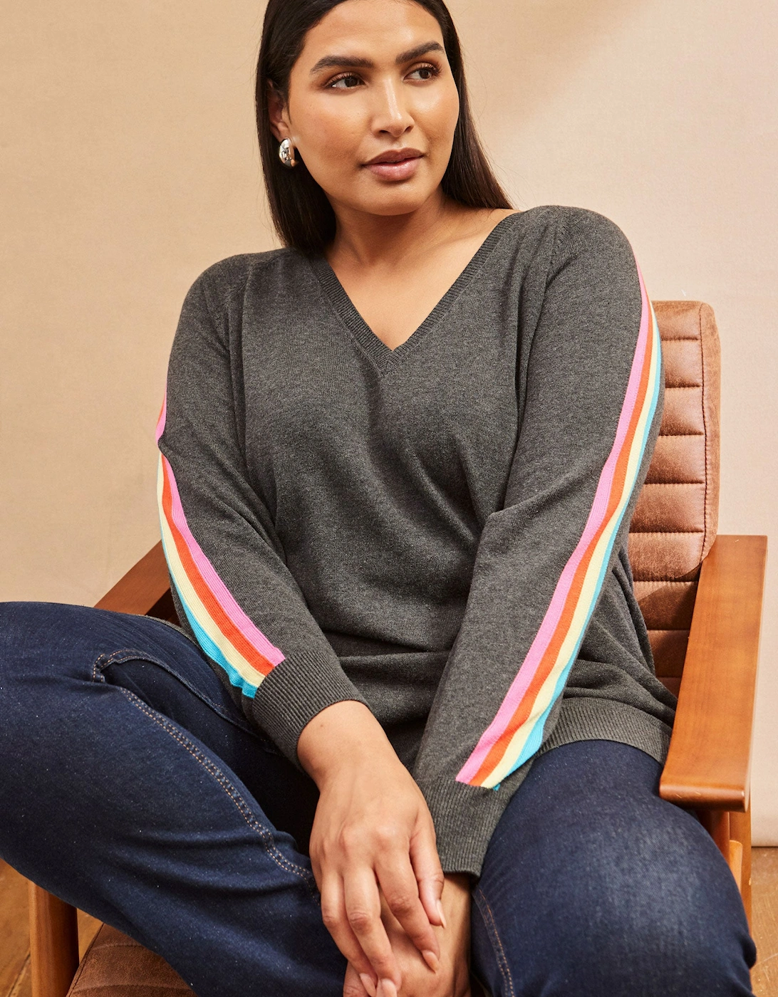 Grey Knit V-Neck Contrast Stripe Jumper