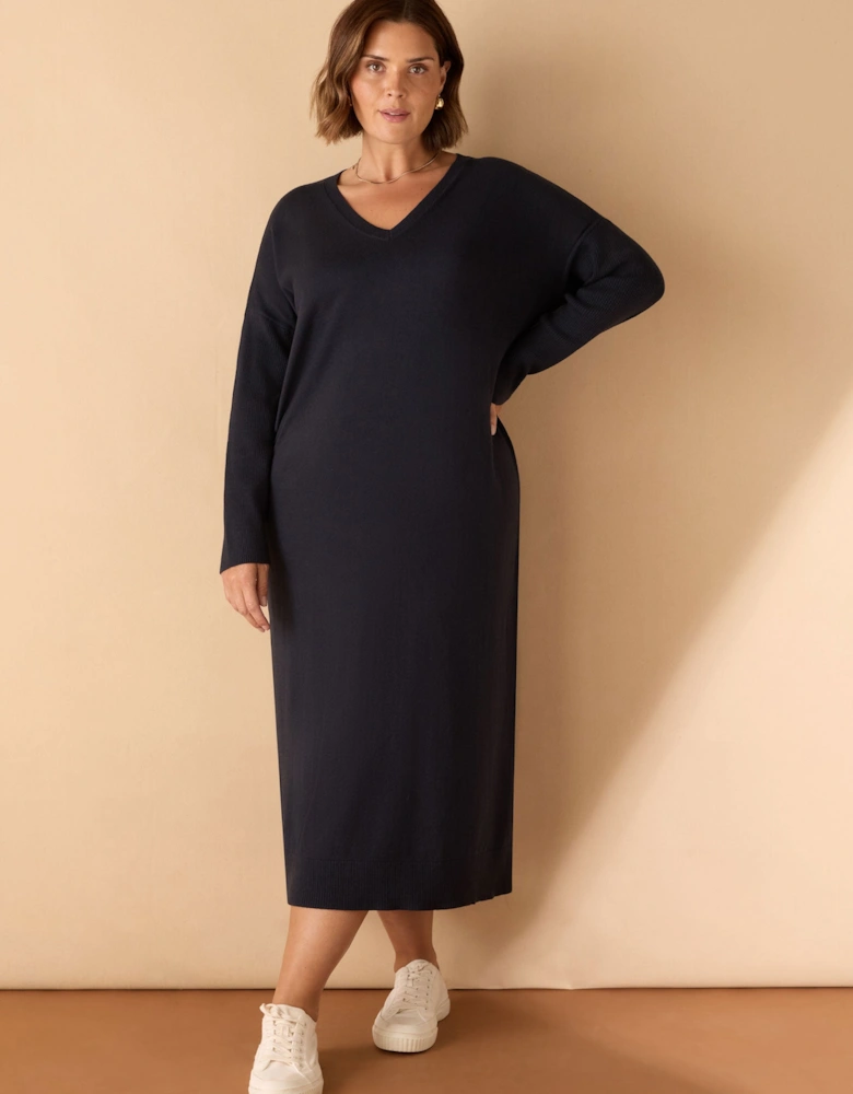 Navy V Neck Knit Jumper Dress