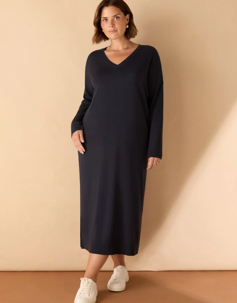Navy V Neck Knit Jumper Dress