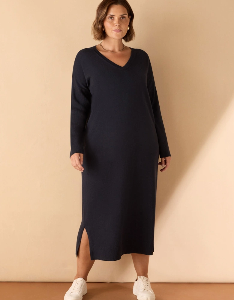 Navy V Neck Knit Jumper Dress
