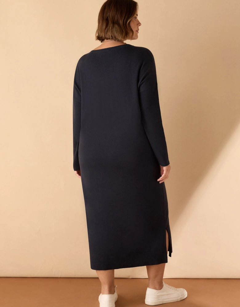 Navy V Neck Knit Jumper Dress