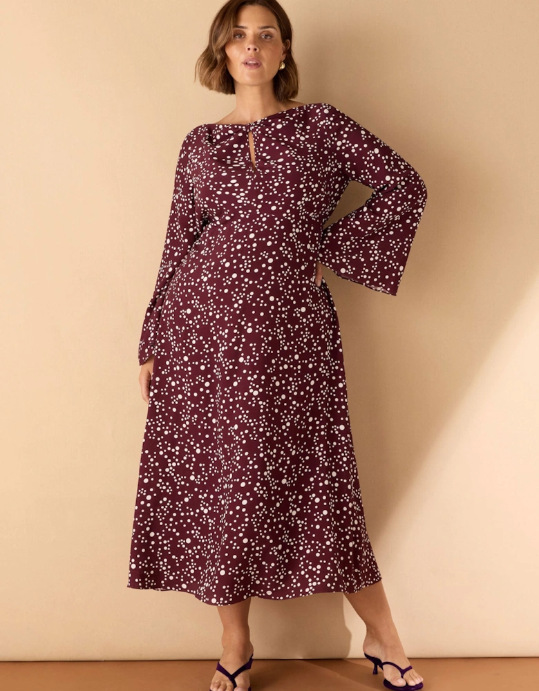 Burgundy Spot Print Keyhole Midi Dress