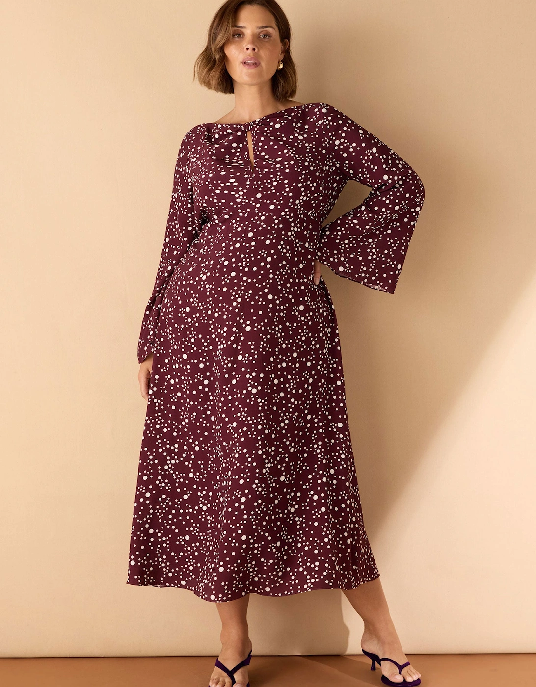 Live Unlimited London Live Unlimited London Women's Burgundy Spot Print Keyhole Midi Dress - Purple
