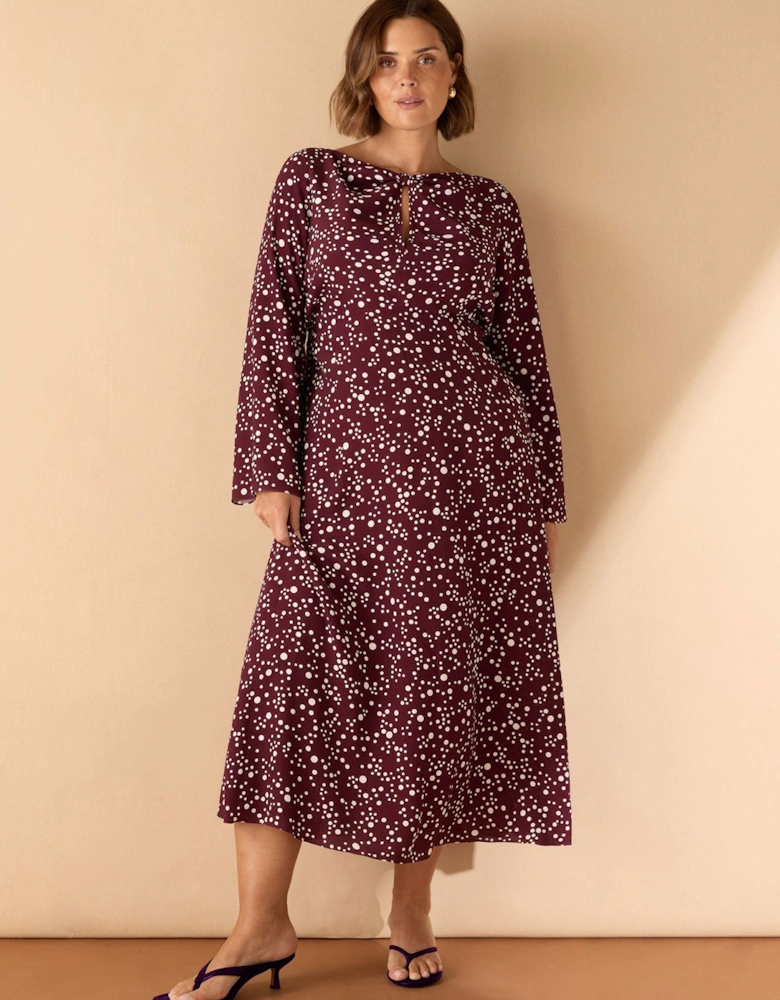 Burgundy Spot Print Keyhole Midi Dress