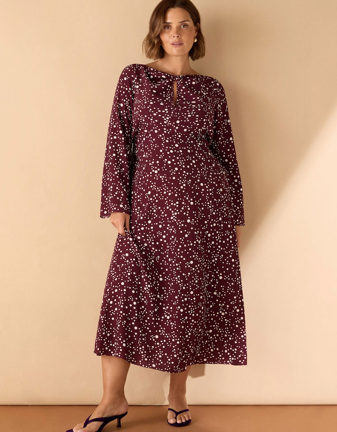 Burgundy Spot Print Keyhole Midi Dress