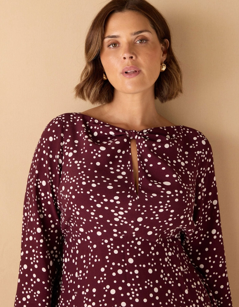 Burgundy Spot Print Keyhole Midi Dress