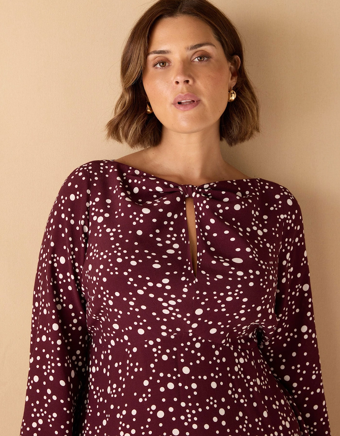 Burgundy Spot Print Keyhole Midi Dress