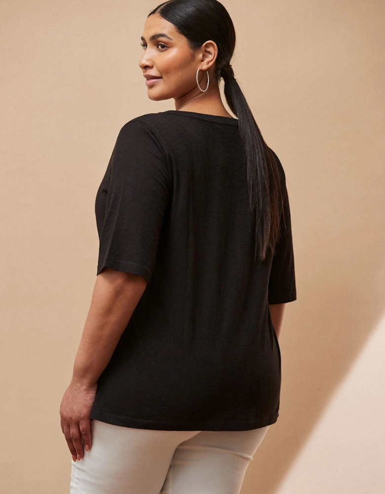 Black Cotton Elbow Length Sleeve T-Shirt