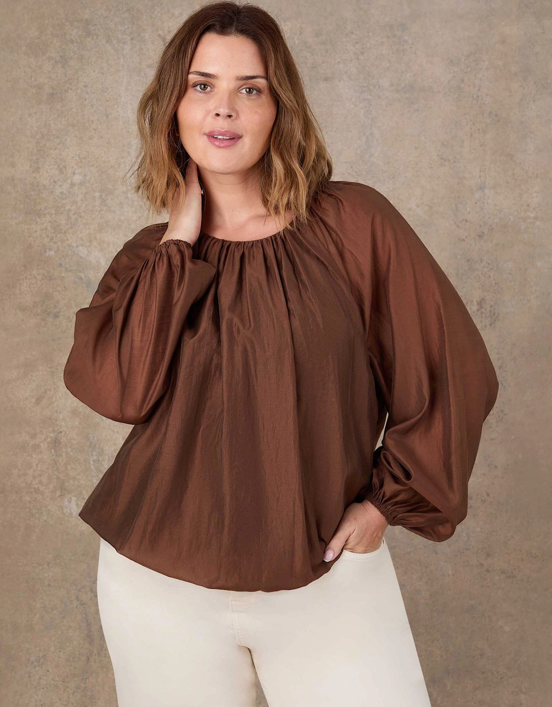 Brown Blouson Sleeve Lyocell Rich Boho Blouse, 5 of 4