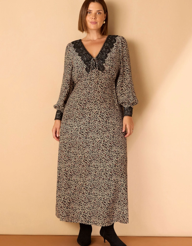 Black Ditsy Floral Scalloped Lace Midaxi Dress