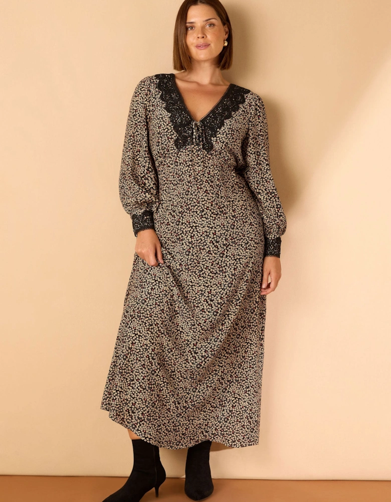 Black Ditsy Floral Scalloped Lace Midaxi Dress