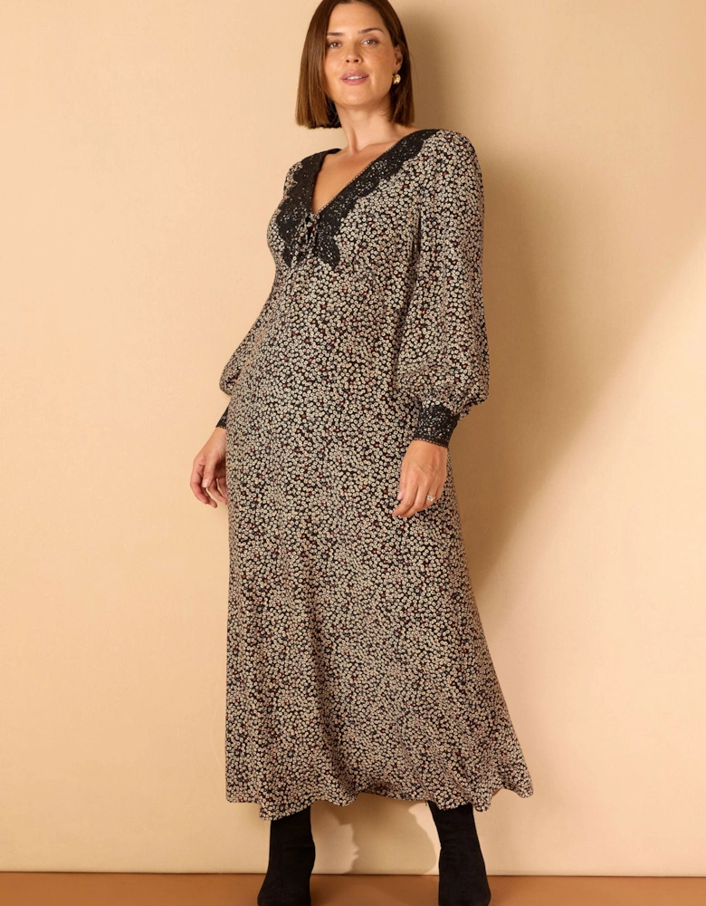 Black Ditsy Floral Scalloped Lace Midaxi Dress