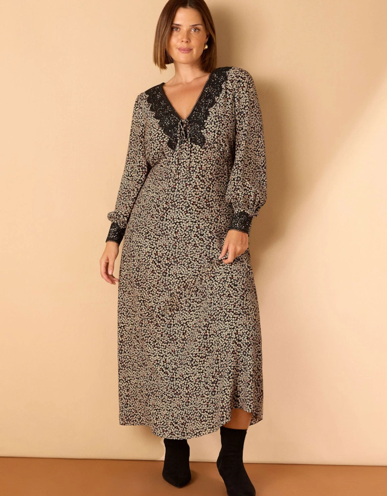 Black Ditsy Floral Scalloped Lace Midaxi Dress