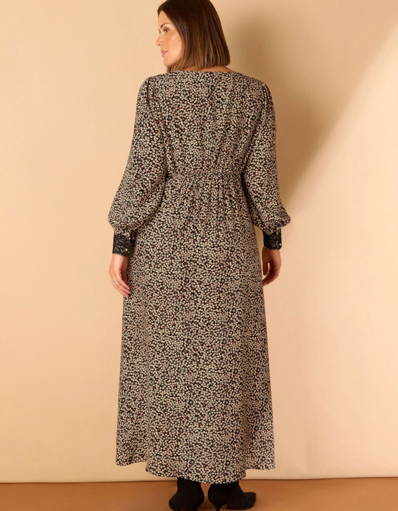 Black Ditsy Floral Scalloped Lace Midaxi Dress
