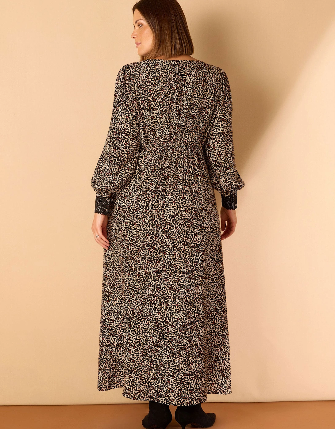 Black Ditsy Floral Scalloped Lace Midaxi Dress