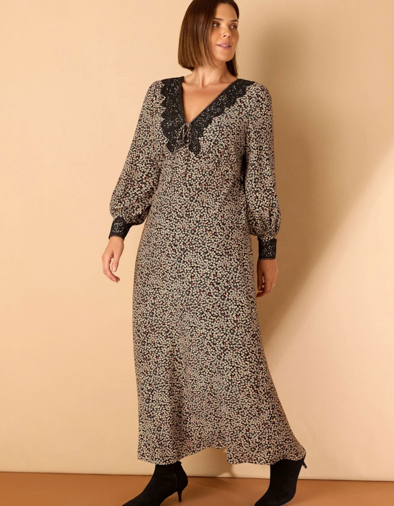 Black Ditsy Floral Scalloped Lace Midaxi Dress