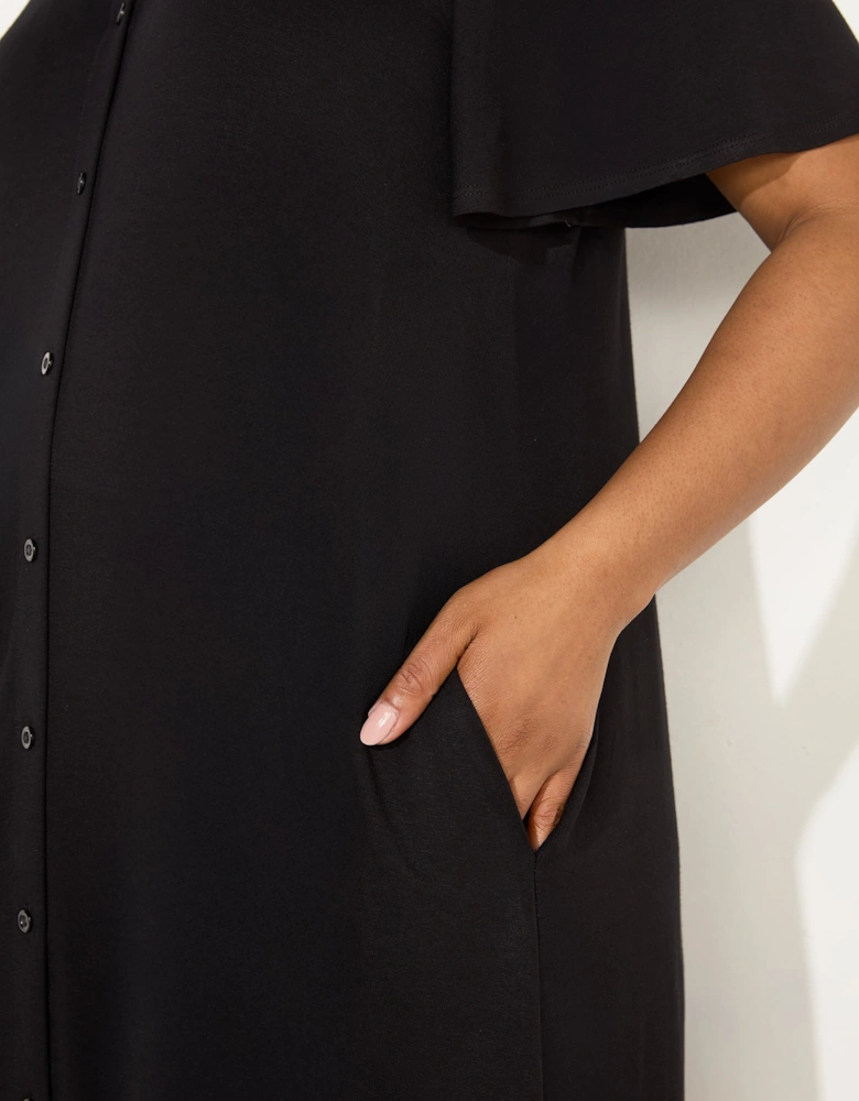 Black Jersey Flutter Sleeve Shirt Dress