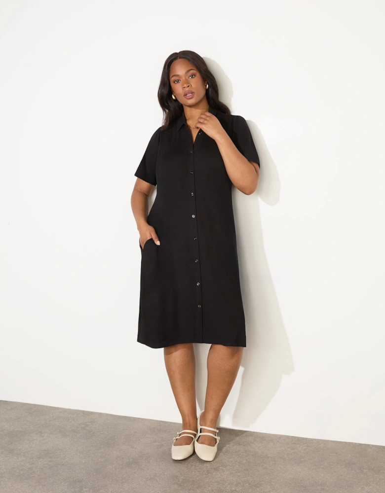Black Jersey Flutter Sleeve Shirt Dress