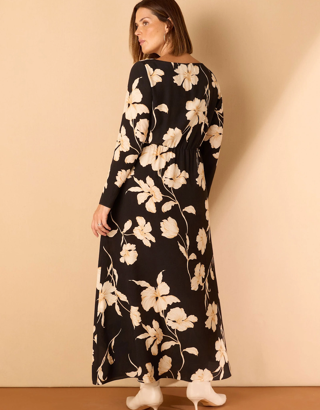 Black Floral Square Neck Midaxi Dress