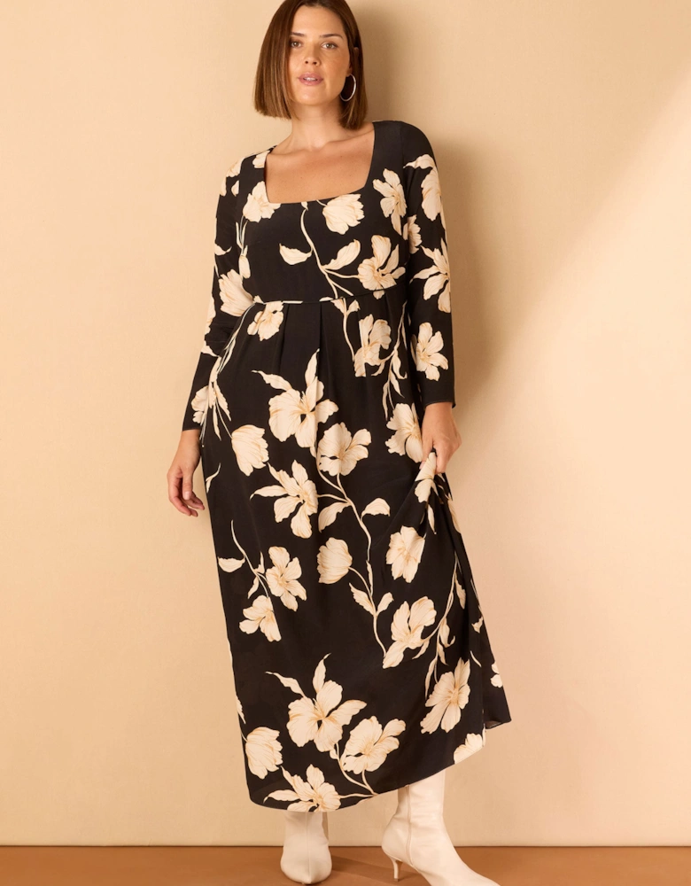 Black Floral Square Neck Midaxi Dress