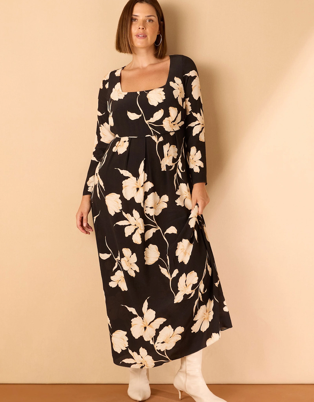 Black Floral Square Neck Midaxi Dress